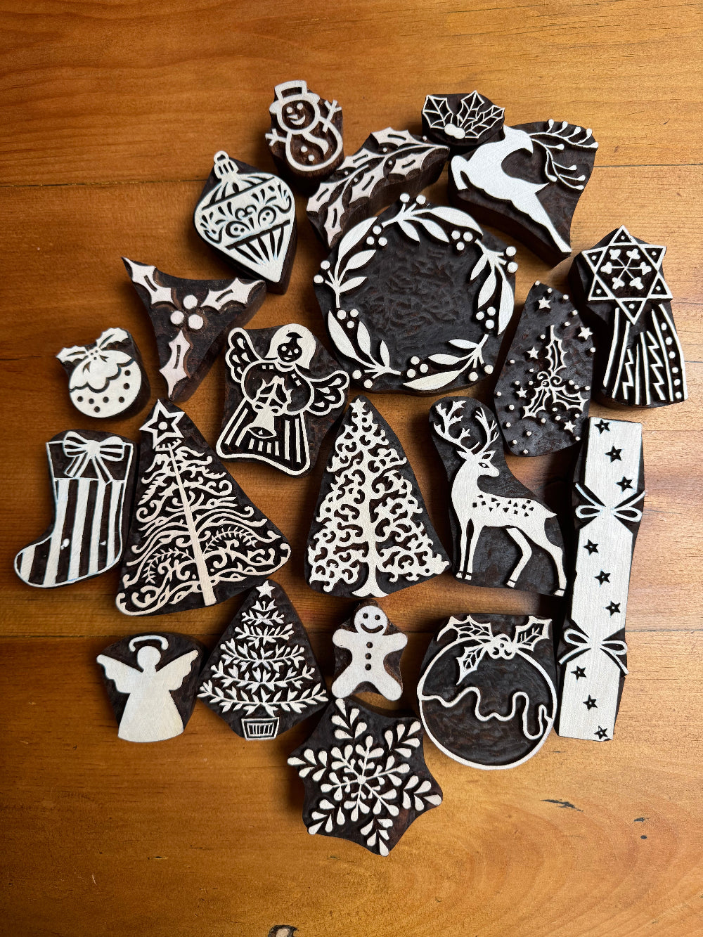 hand carved Christmas themed Indian printing blocks