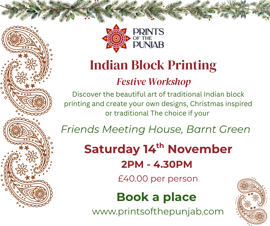 Indian Block Printing Workshop - Slow down - Get creative - Learn something new - Saturday 14th November 2PM-4.30PM in Barnt Green