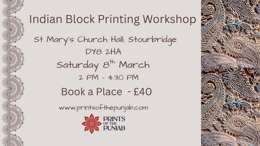 Indian Block Printing Workshop - Create Hand-Printed gifts - Saturday 8th March 2026- 2 PM - 4.30 PM in Stourbridge