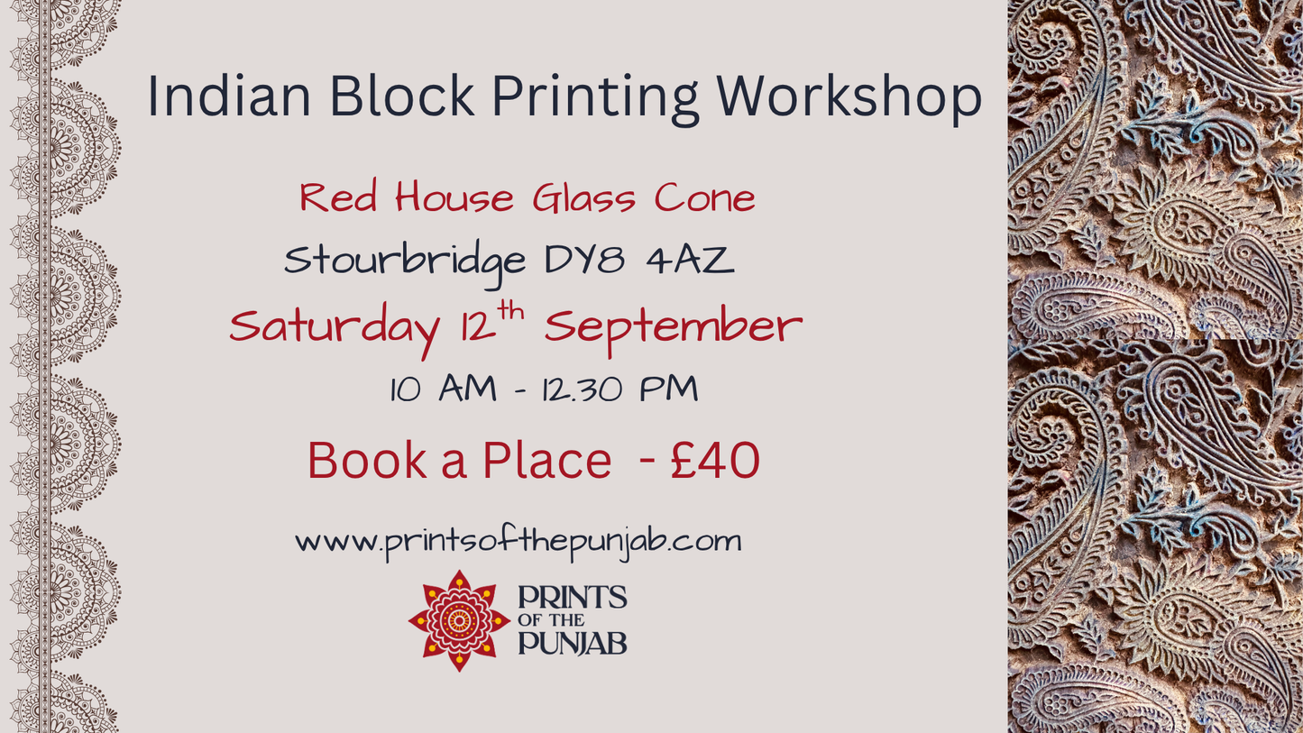 Indian Block Printing Workshop - Create Hand-block-Printed textiles - Saturday 12th September 2026- 10.00 AM  - 1 PM in Stourbridge