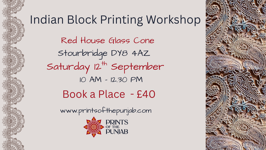 Indian Block Printing Workshop - Create Hand-block-Printed textiles - Saturday 12th September 2026- 10.00 AM  - 1 PM in Stourbridge