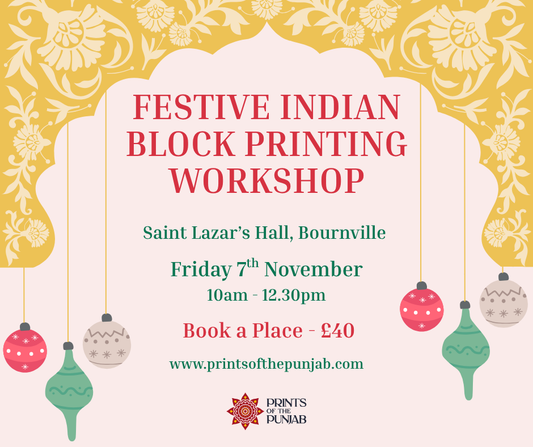 Festive Indian Block Printing Workshop - Create Hand-Printed gifts - Friday 7th November 10.00 AM-12.30 PM in Bournville